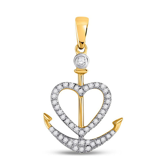 14kt Yellow Gold Womens Round Diamond Anchor Heart Pendant 1/8 Cttw