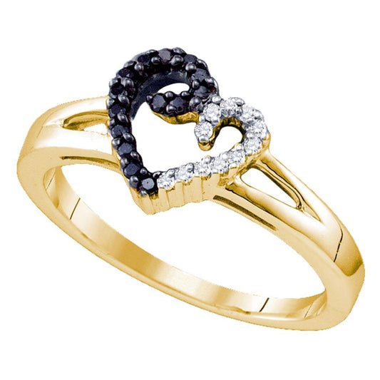 Sterling Silver Black Color Enhanced White Diamond Yellow-tone Heart Ring 1/6 Cttw